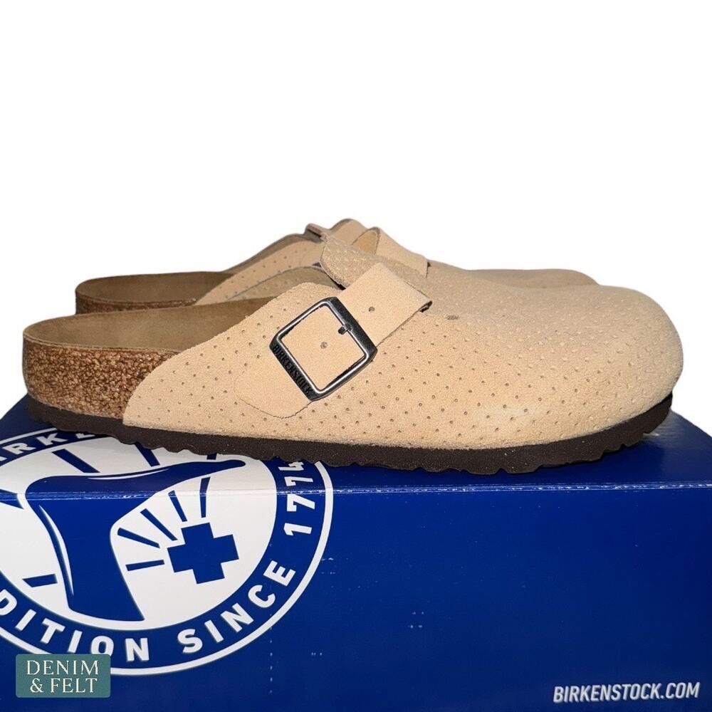 NEW Birkenstock Boston Emboss Dots New Beige Suede Clogs 42 Narrow Fit Comfort - Picture 12 of 16